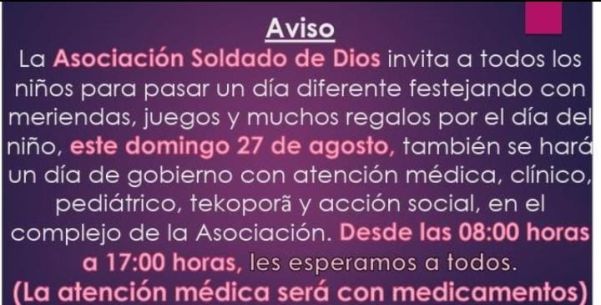 COMPLEJO SOLDADO DE DIOS MAÑANA FESTEJARÁ EL DIA DE LOS NIÑOS CON MUCHA SORPRESA