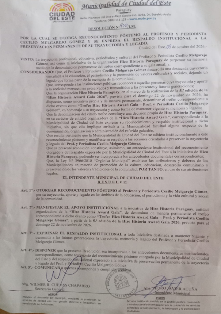 Resolución N.º 970 de la Municipalidad de Ciudad del Este que otorga reconocimiento póstumo al Prof. y periodista Cecilio Melgarejo Gómez.